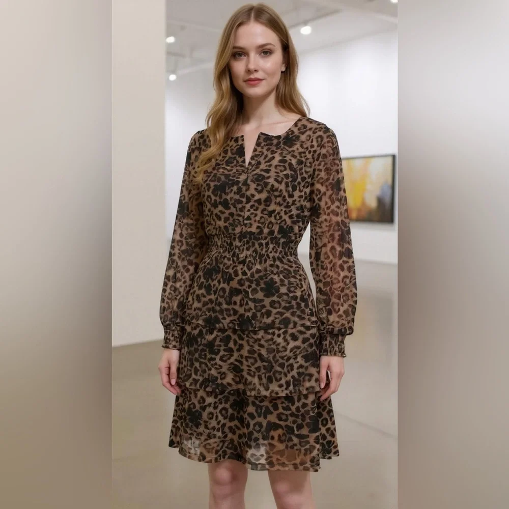 Badgley Mischka Leopard Print‎ Long Sleeve Dress size PL
